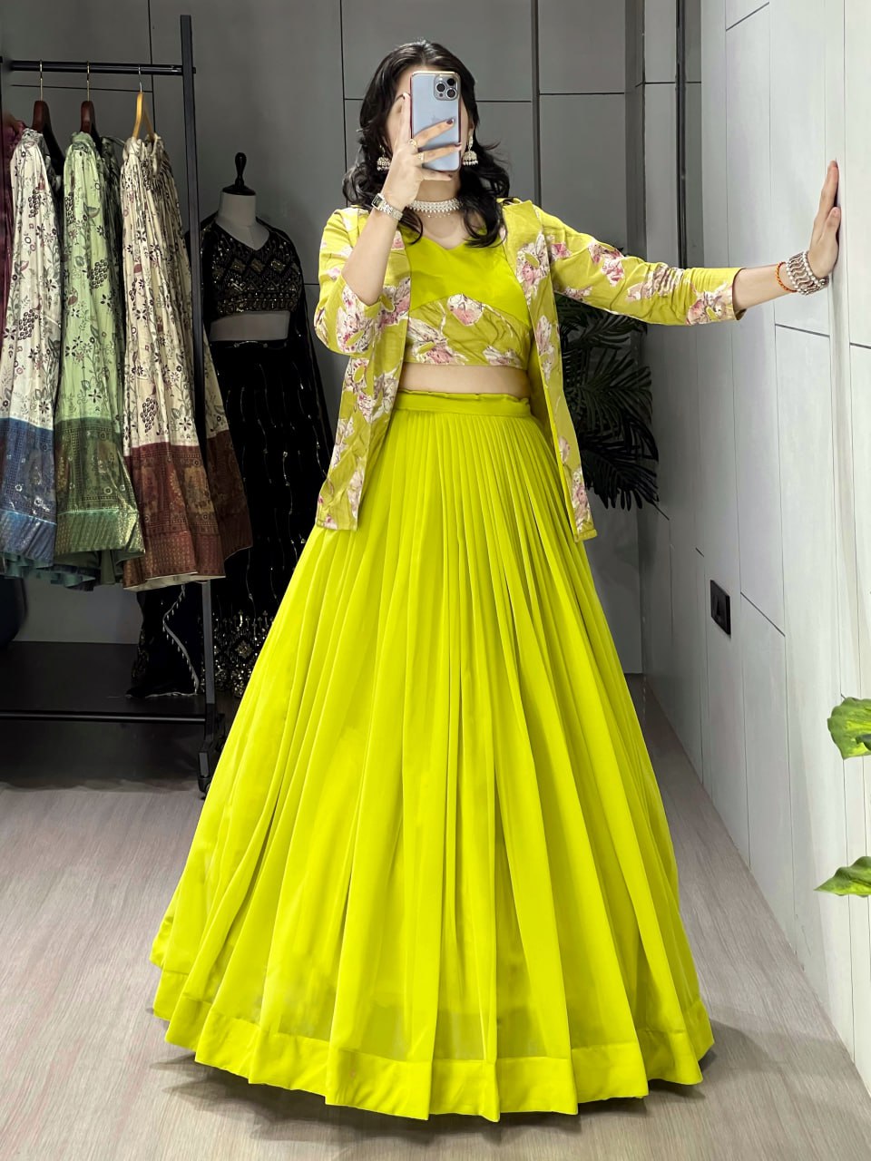 Alka neon yellow georgette foil printed lehenga choli with koti jacket