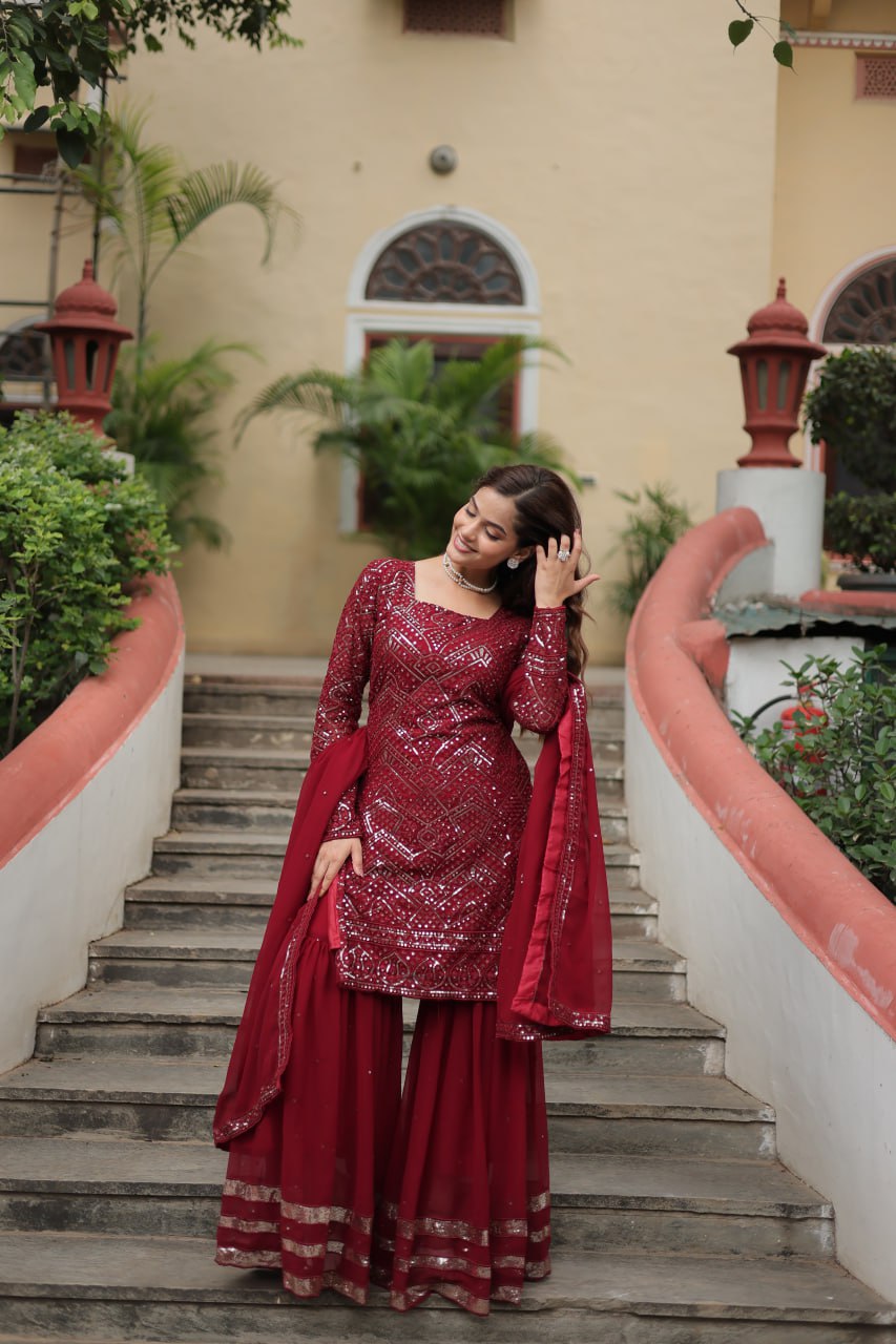 Maroon georgette embroidered Lavya designer sharara suit