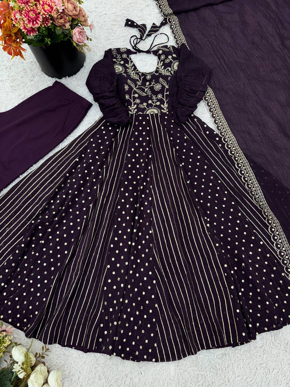 Purple traditional silk Anarkali suit set for women