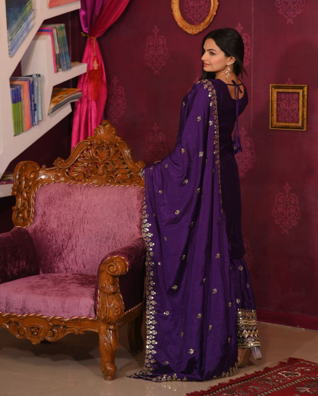 Purple chinon embroidered Svara designer sharara suit