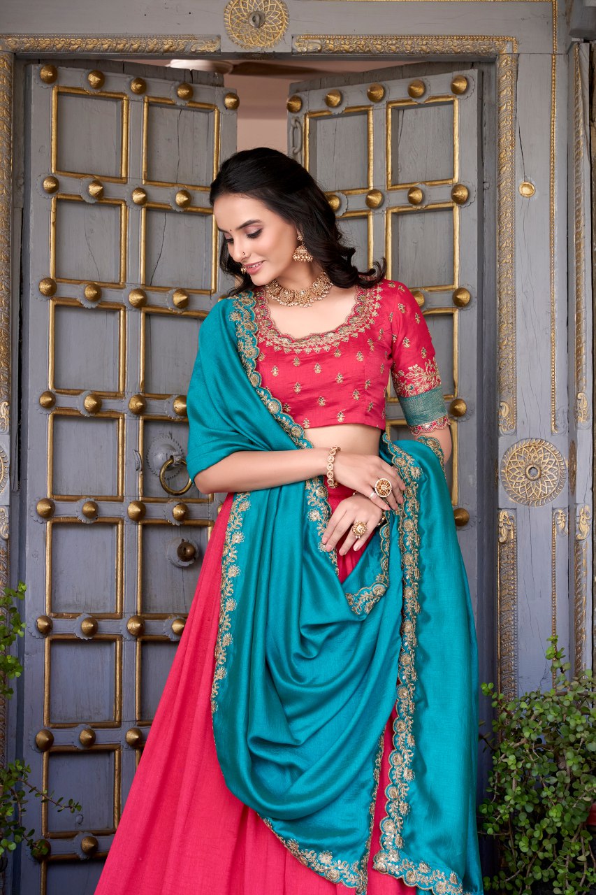 Pink Vichitra silk zari weaving work lehenga choli with dupatta