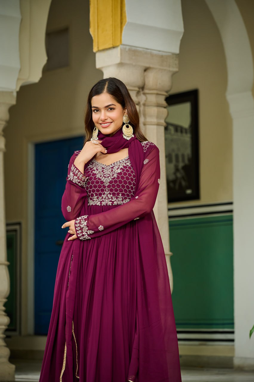 Wine faux blooming beads embroidered gown with dupatta