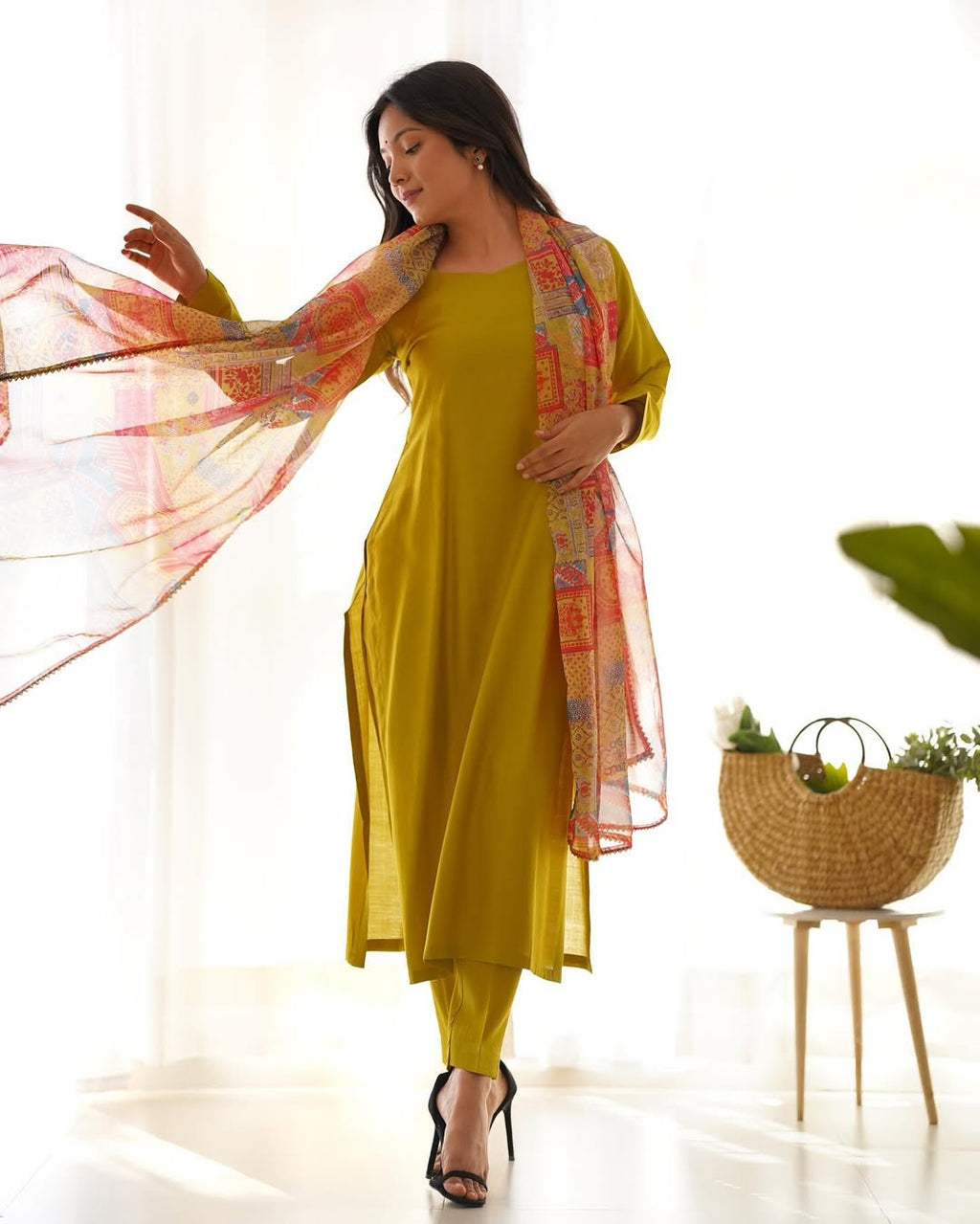 Vedanya yellow viscose straight kurti set
