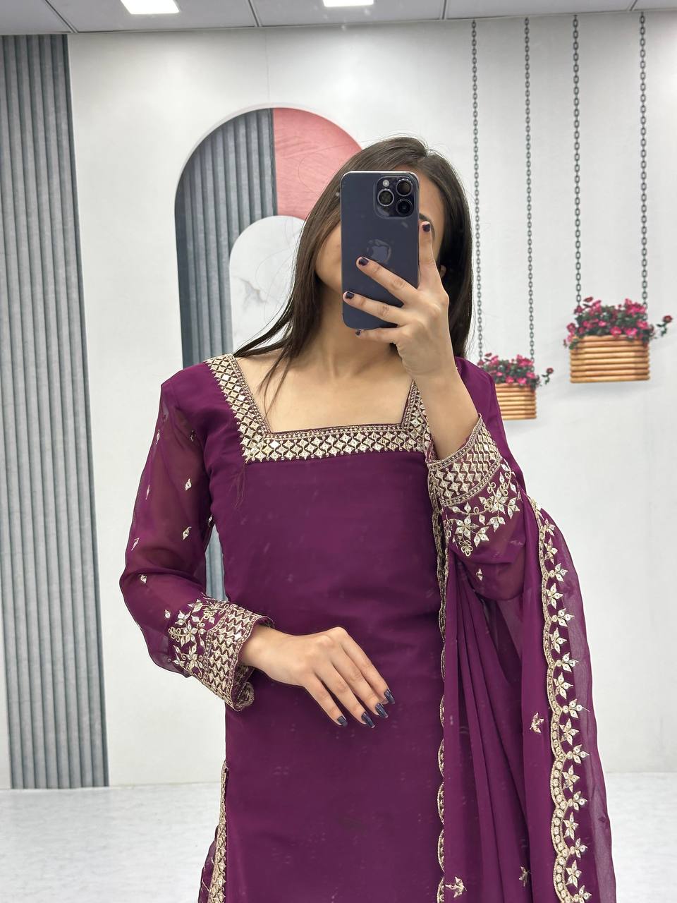Aroa purple fox georgette kurti palazzo set with embroidery sequence work
