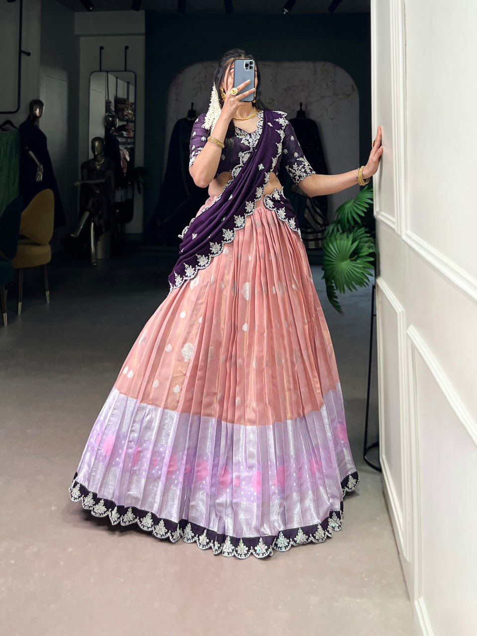 Peach zari Kota lehenga with zari weaving embroidered Vichitra silk dupatta