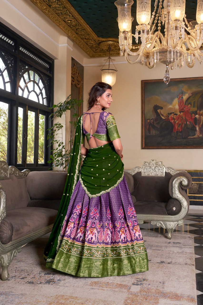 Purple Kanchipuram silk printed lehenga choli with embroidered dupatta