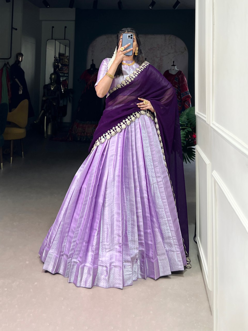 Lavender jacquard silk lehenga choli with embroidered dupatta