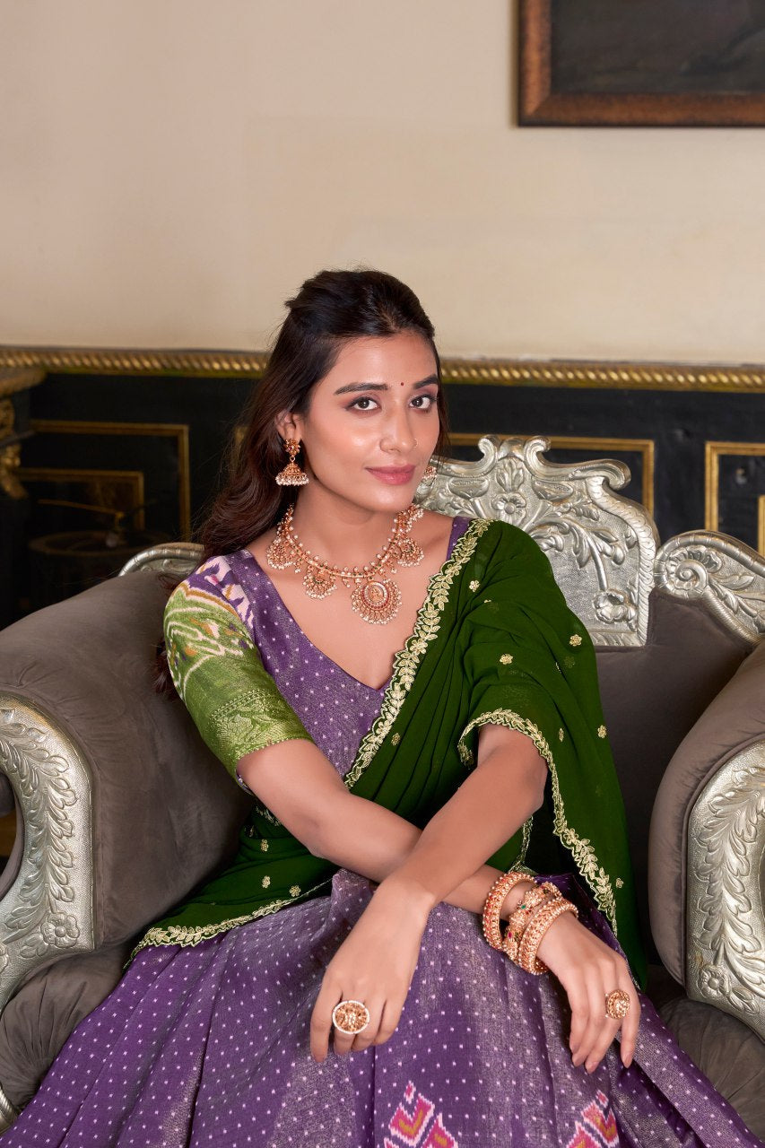 Purple Kanchipuram silk printed lehenga choli with embroidered dupatta