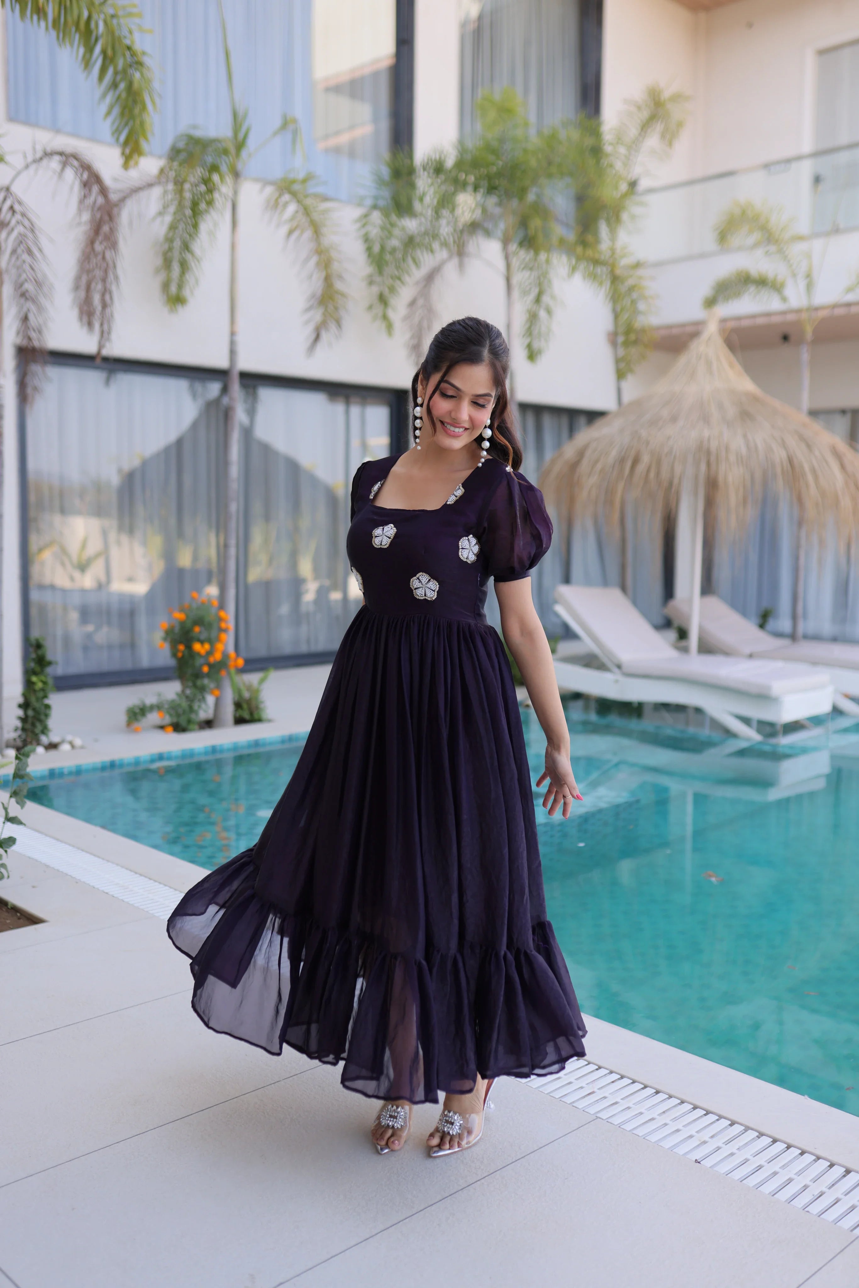 Sruvika purple Fendi silk gown with beads embroidered work