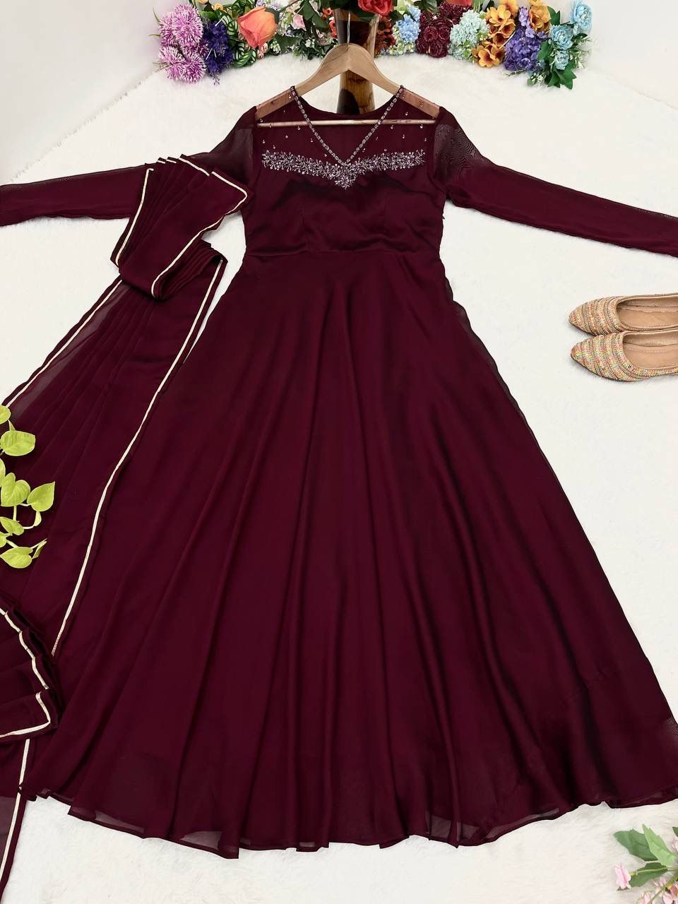 Wine georgette embroidered Manha designer Anarkali gown