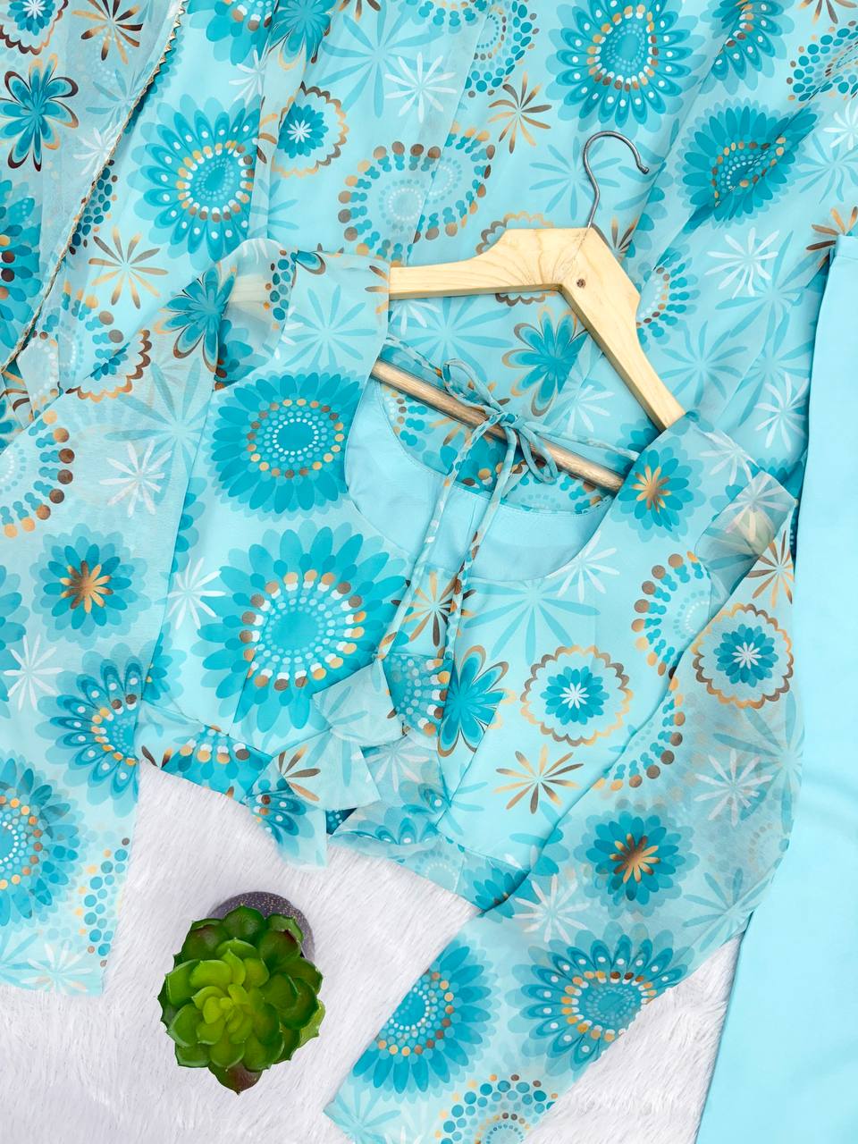 Sky blue georgette floral printed Anarkali suit for women