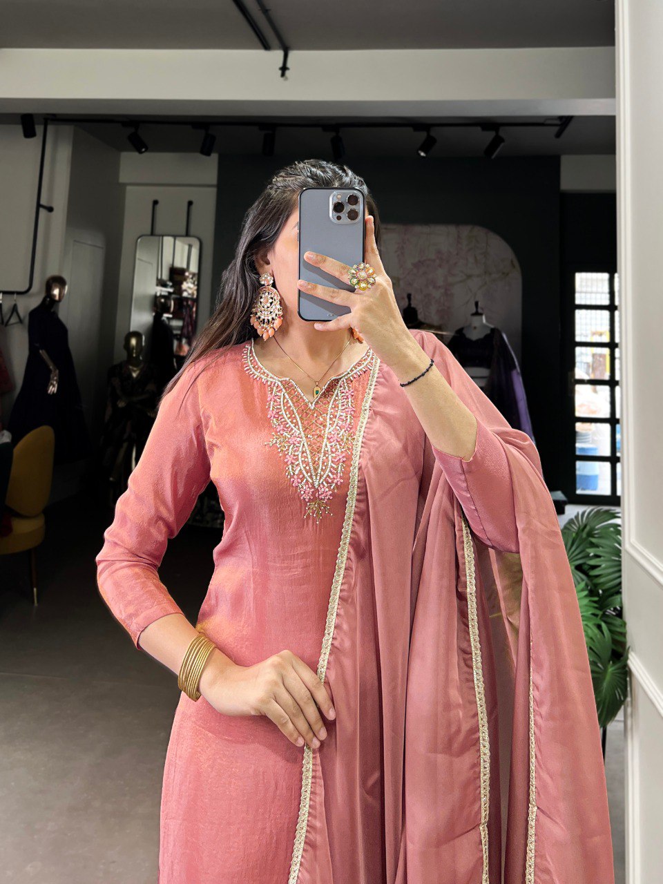 Peach embroidered viscose tissue salwar suit with organza dupatta
