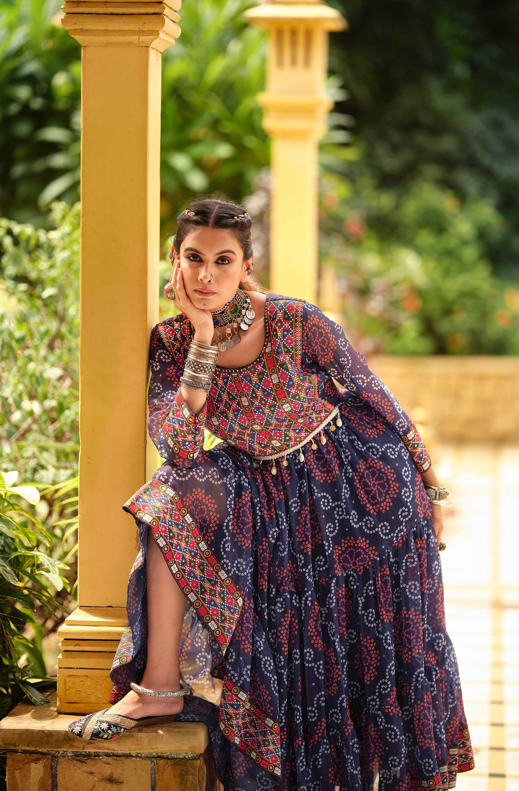 Navy blue faux georgette Gamthi jacquard weaving lace border ruffle flair gown