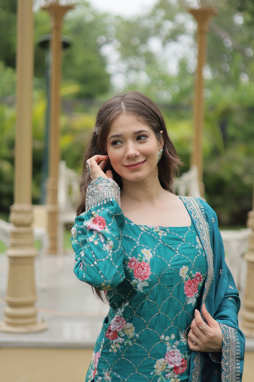 Teal chinon embroidered Medhasvi designer sharara suit