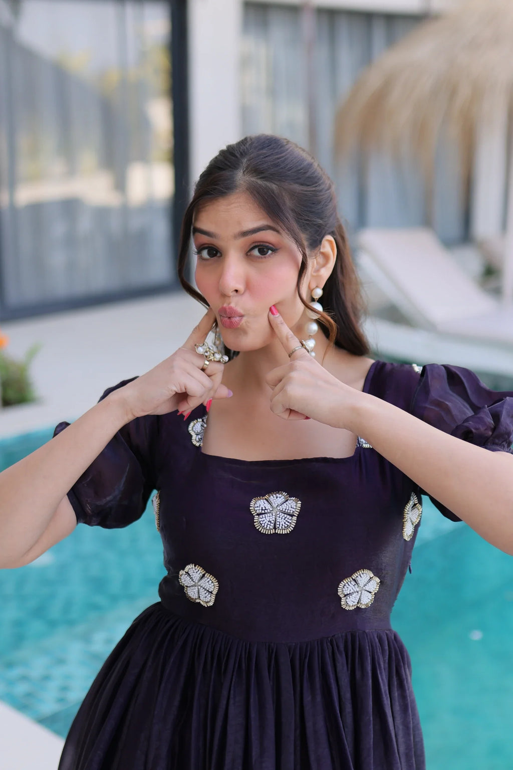 Sruvika purple Fendi silk gown with beads embroidered work