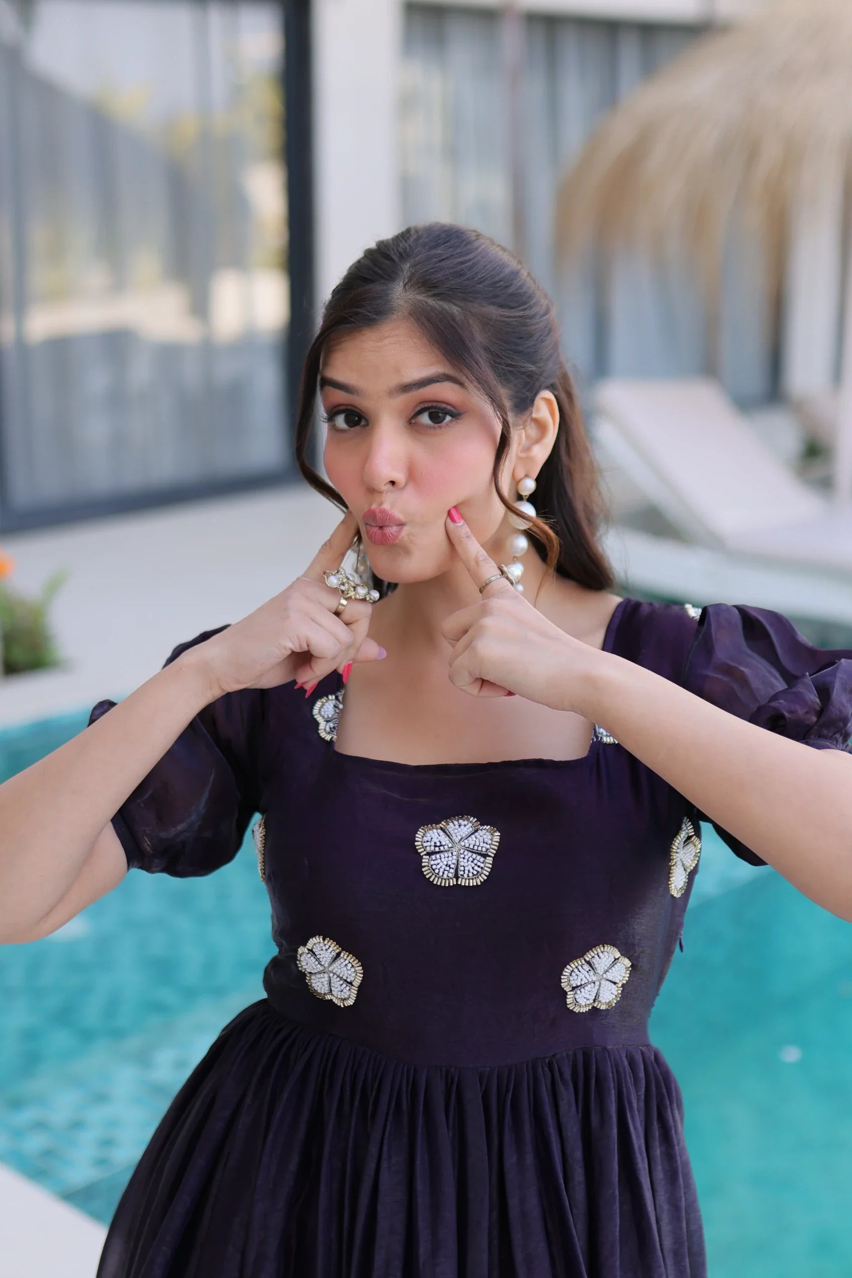 Sruvika purple Fendi silk gown with beads embroidered work