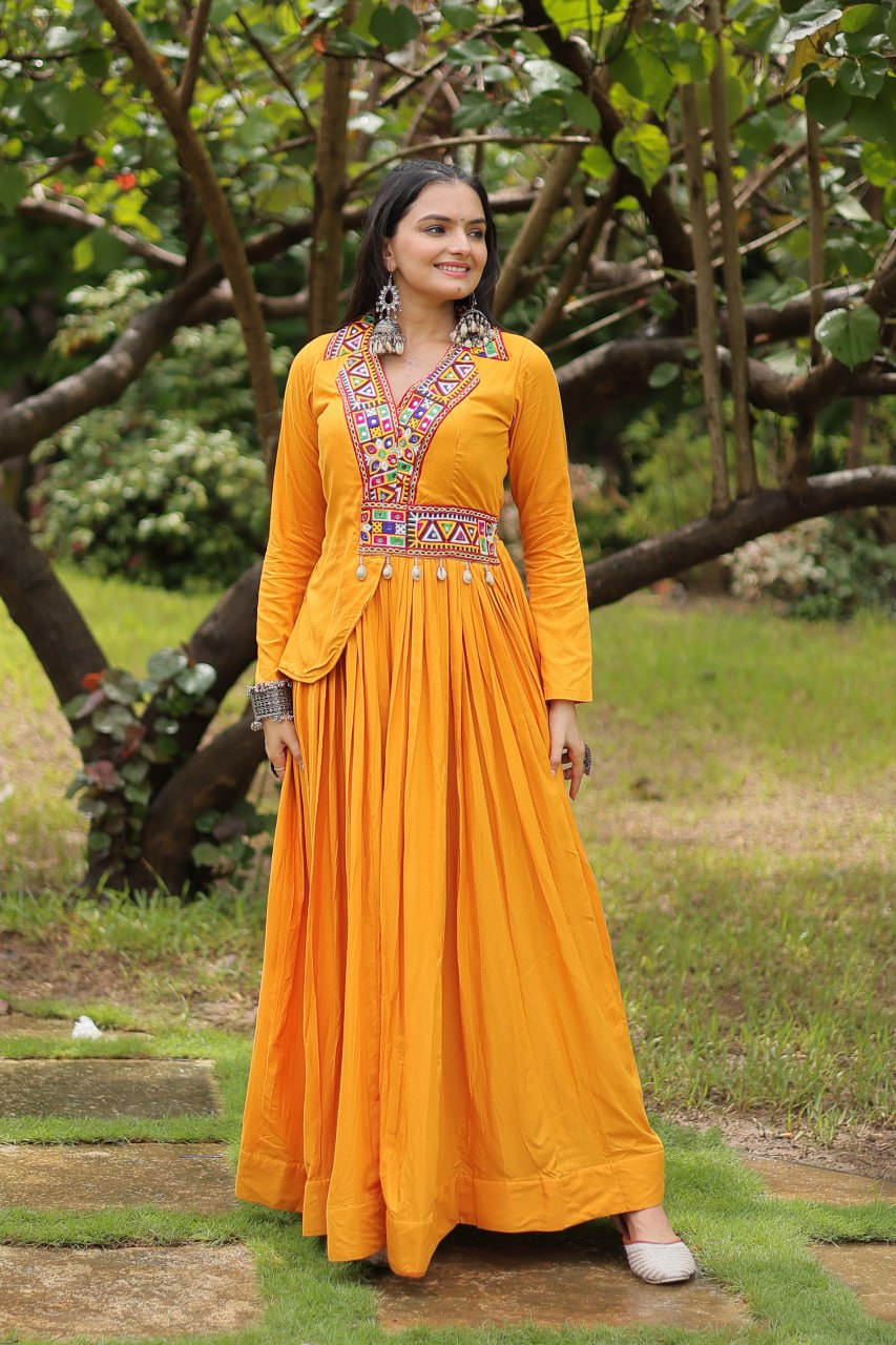 Yellow rayon Kutchi Gamthi embroidered Misty Navratri gown