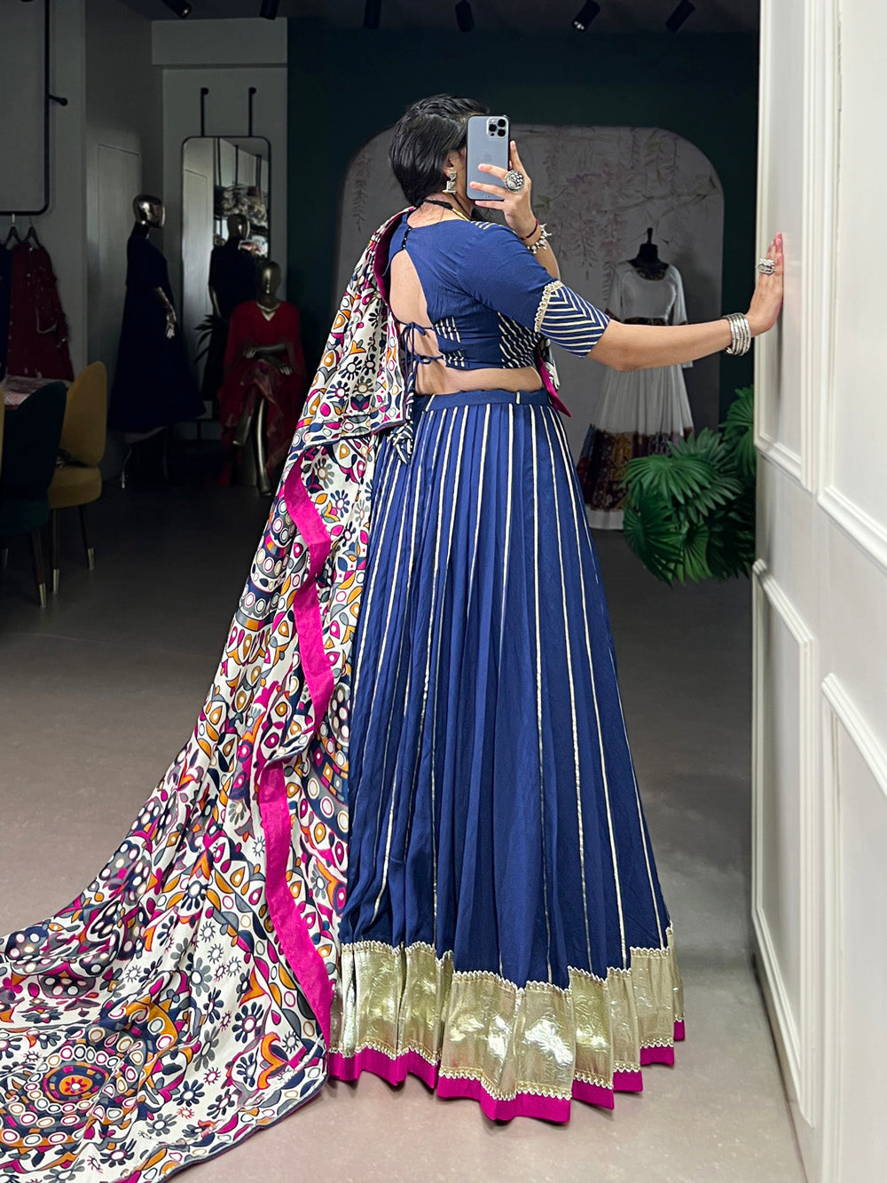 Navy blue Chanderi zari weaving and embossed lace lehenga choli