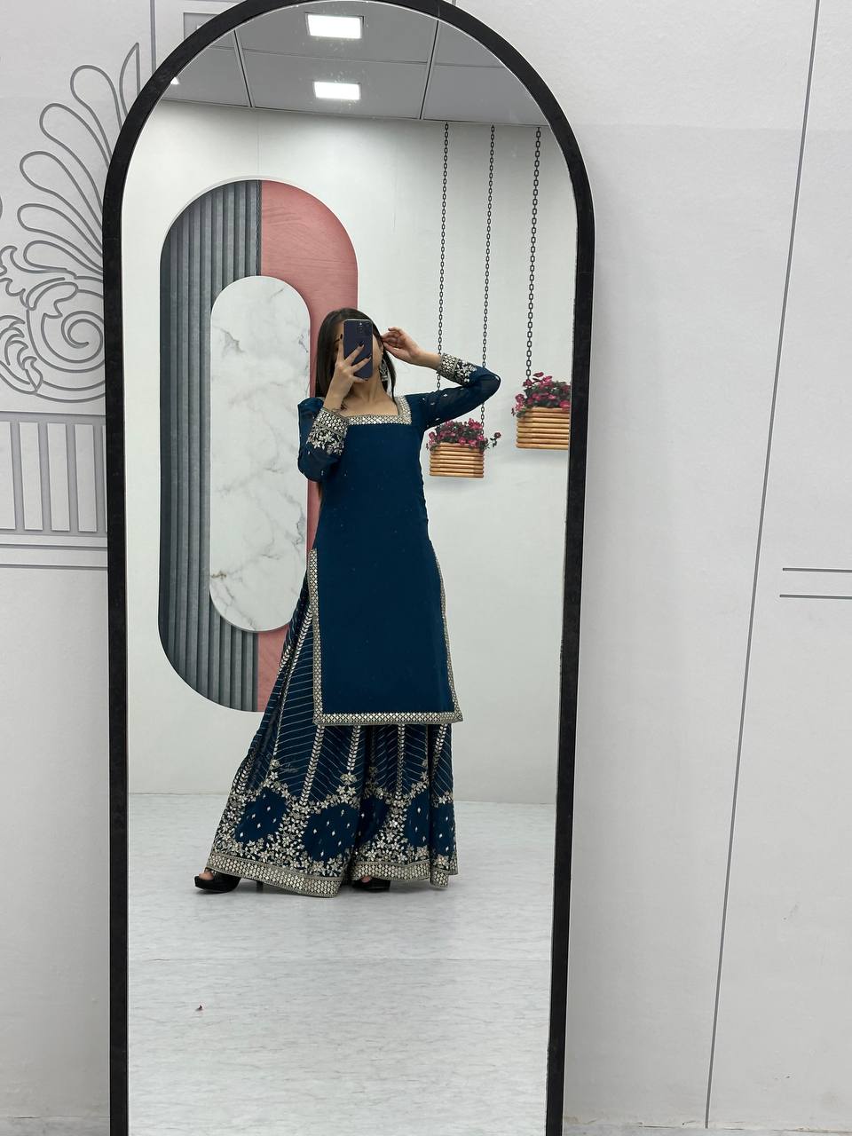 Aroa blue fox georgette kurti palazzo set with embroidery sequence work