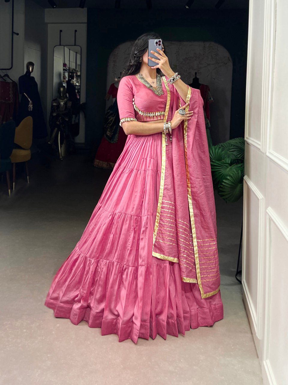 Pink Chanderi lehenga choli with cowrie detailing and dupatta