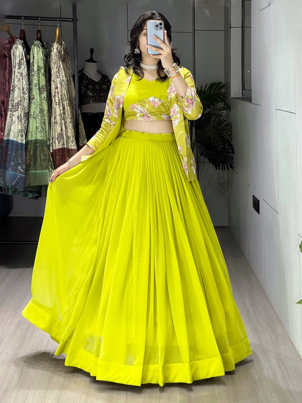 Alka neon yellow georgette foil printed lehenga choli with koti jacket