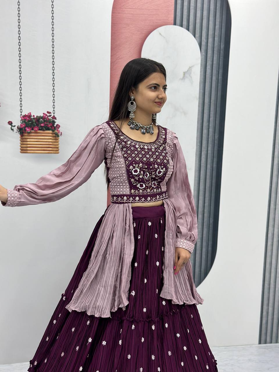 Malti wine color chinon embroidered crop top lehenga with nazmin dupatta and belt