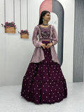 Malti wine color chinon embroidered crop top lehenga with nazmin dupatta and belt