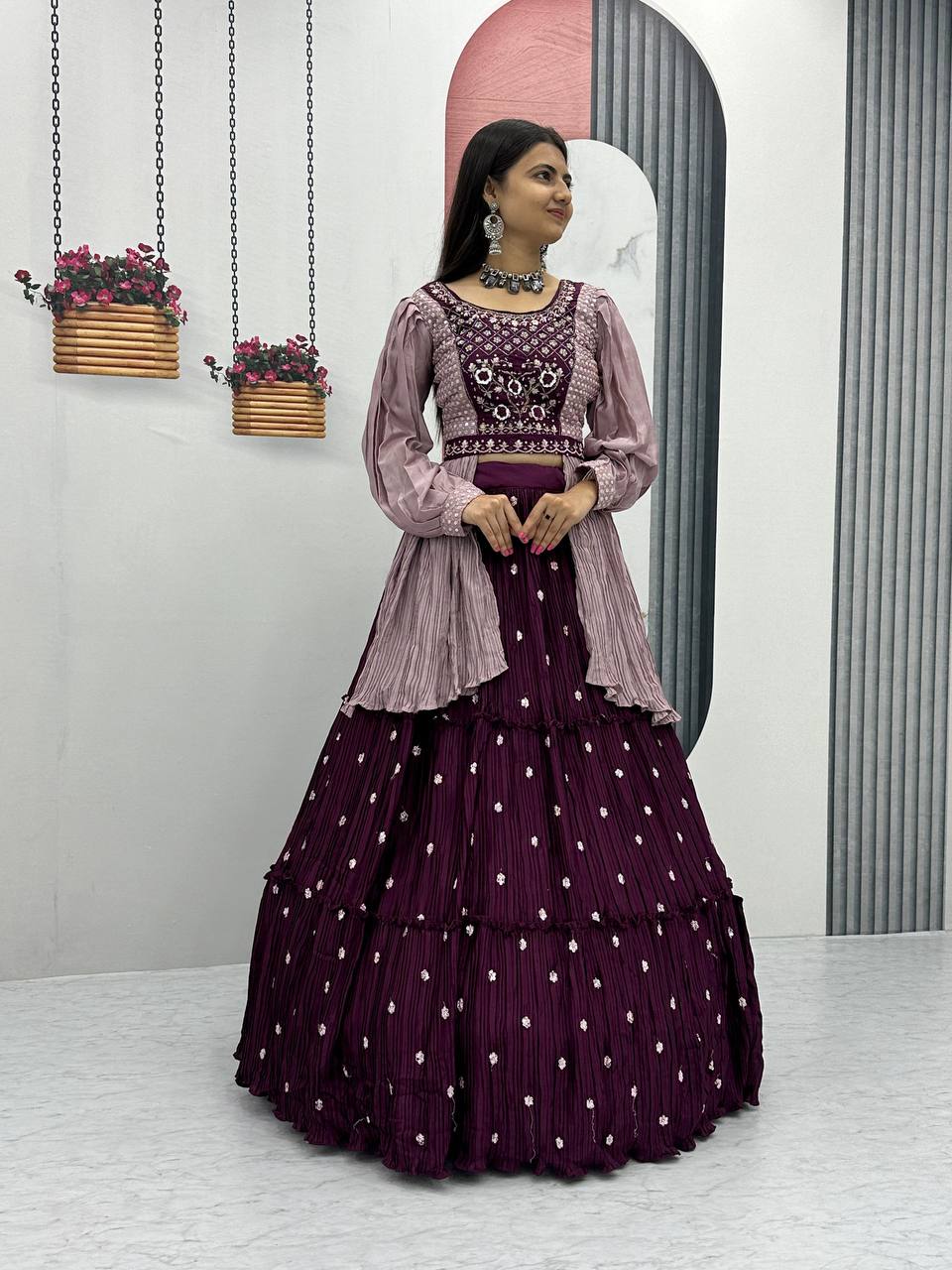 Malti wine color chinon embroidered crop top lehenga with nazmin dupatta and belt
