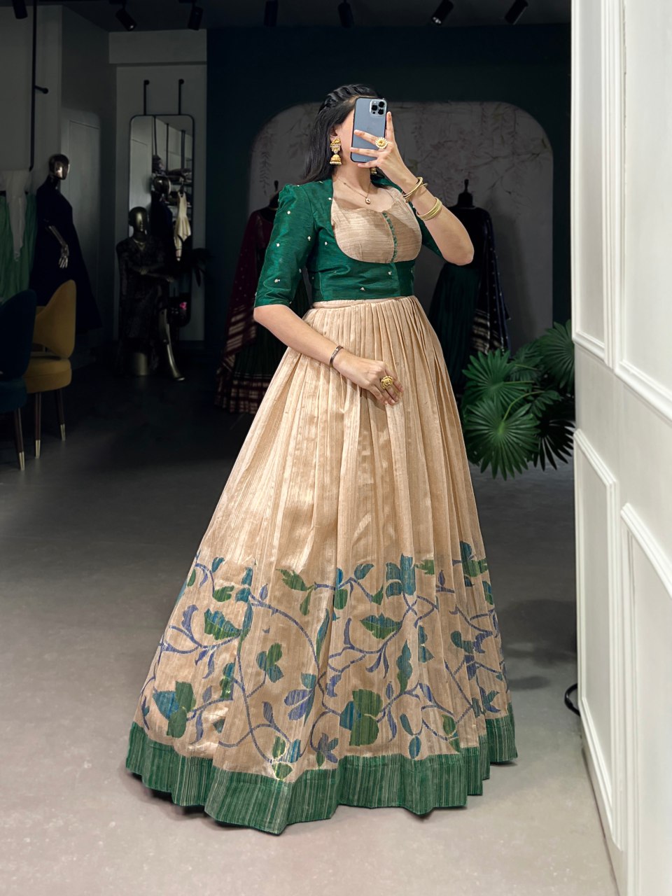 Beige silk printed gown with embroidered koti for wedding functions