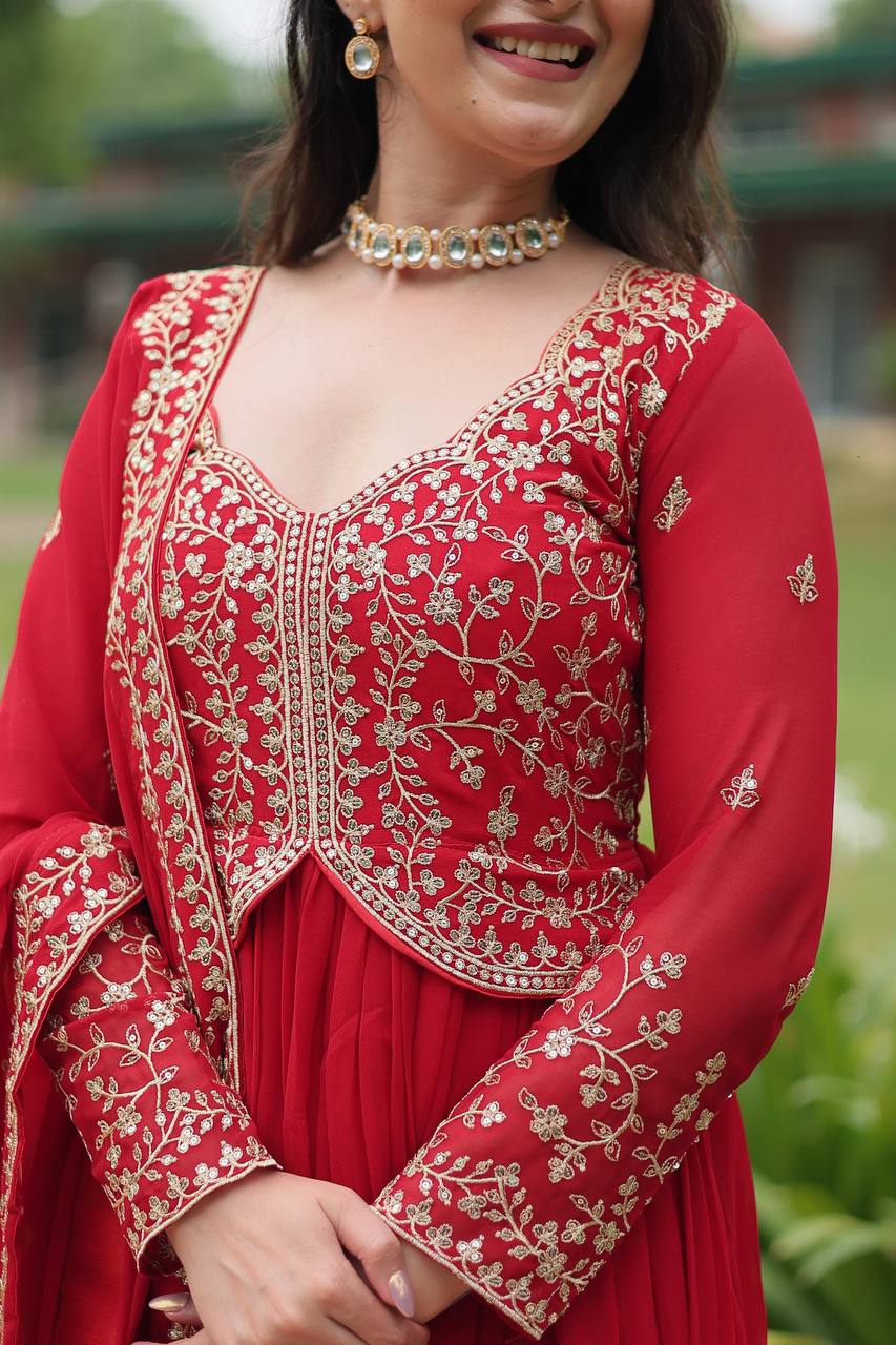 Red georgette embroidered Parthavi designer Anarkali gown