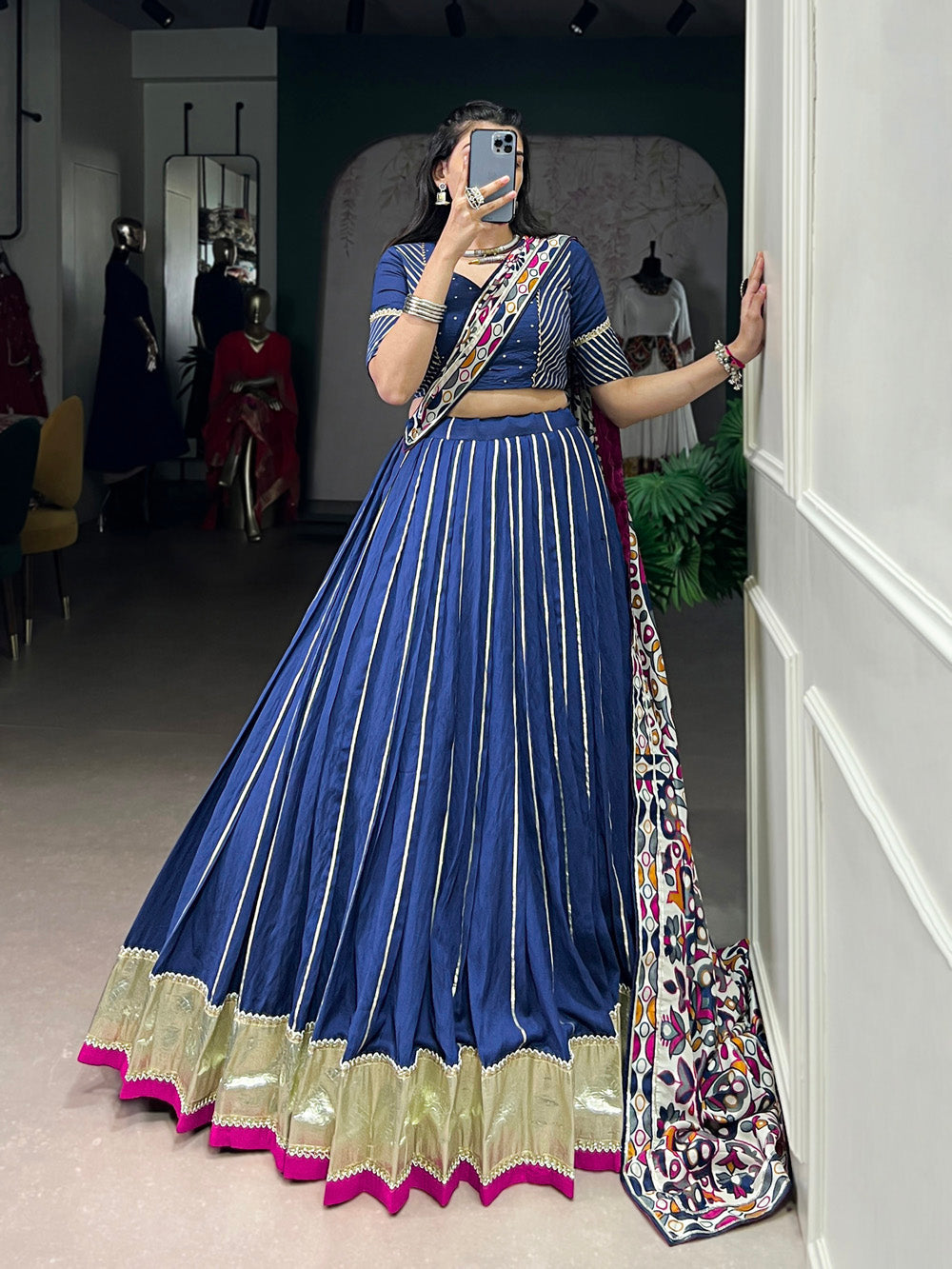 Navy blue Chanderi zari weaving and embossed lace lehenga choli