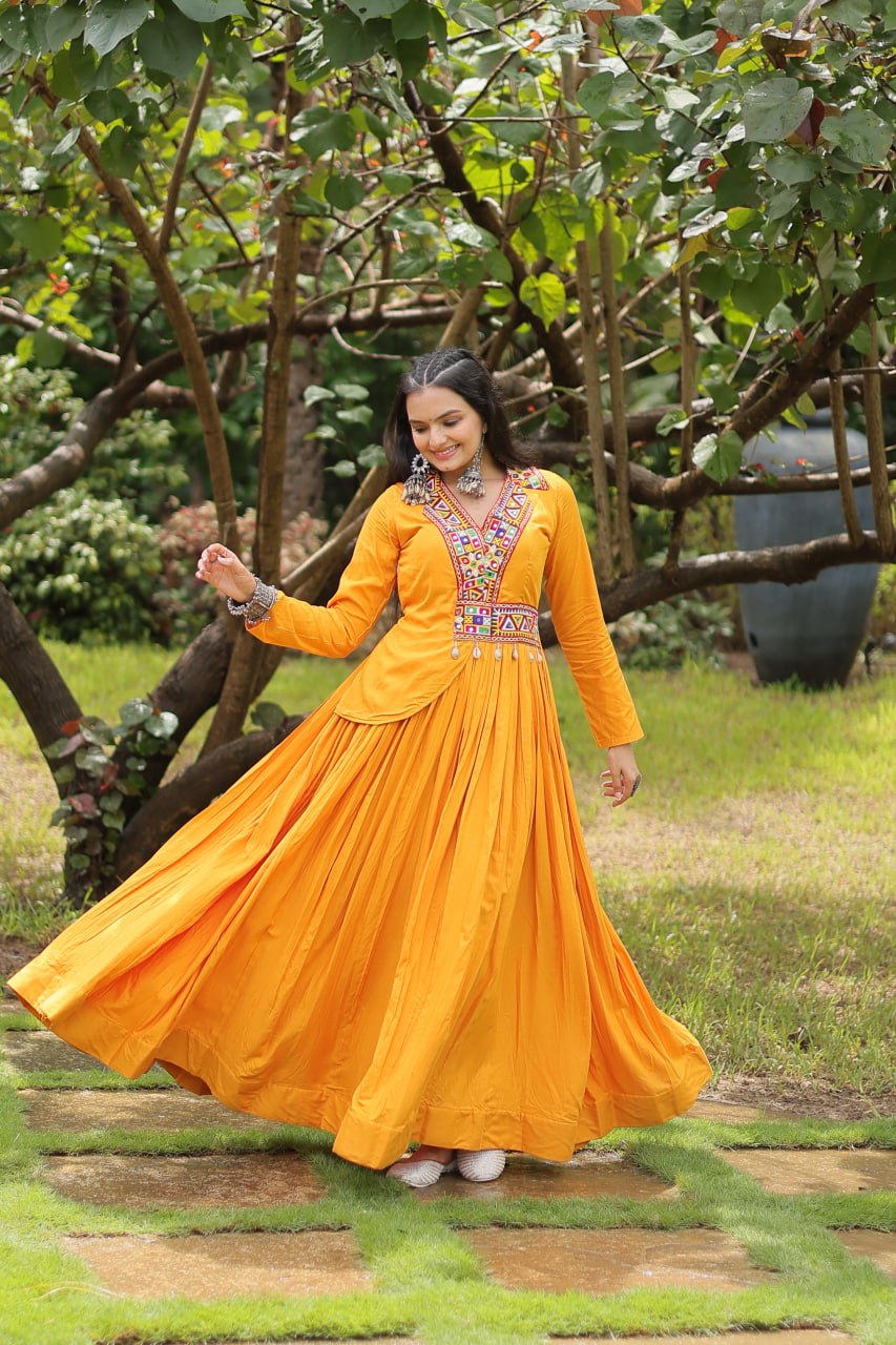 Yellow rayon Kutchi Gamthi embroidered Misty Navratri gown