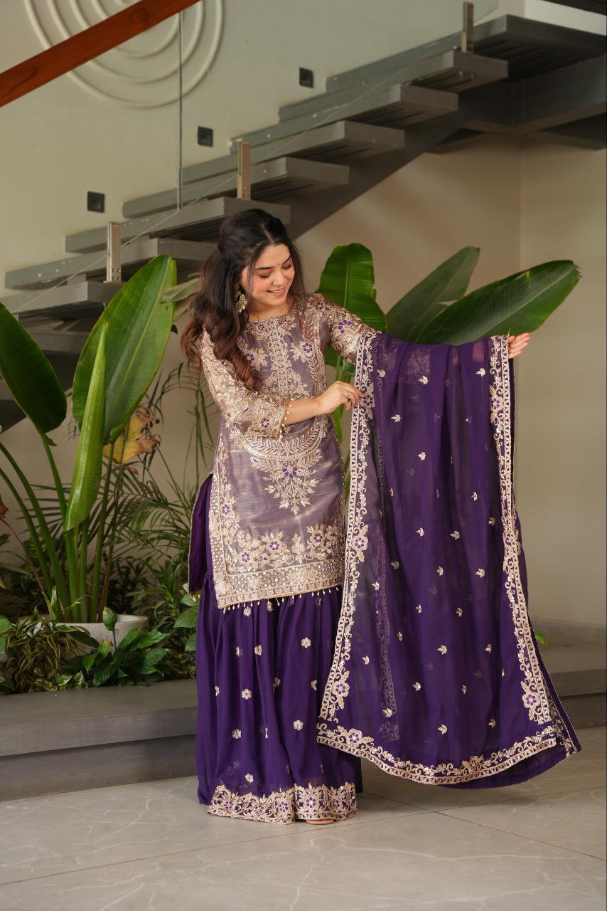 Purple crazy silk embroidered kurti palazzo set with dupatta