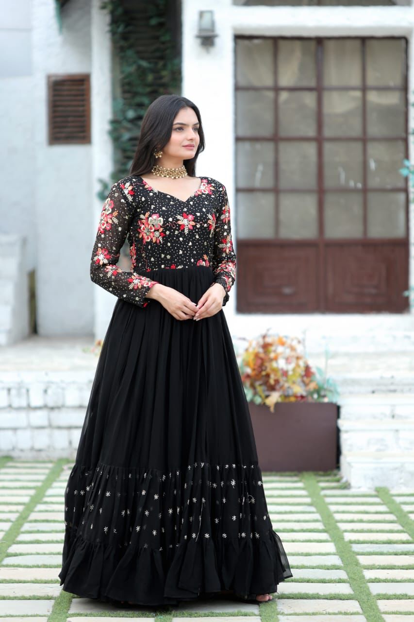 Radiant charisma embroidered sequin adorned double frill gown