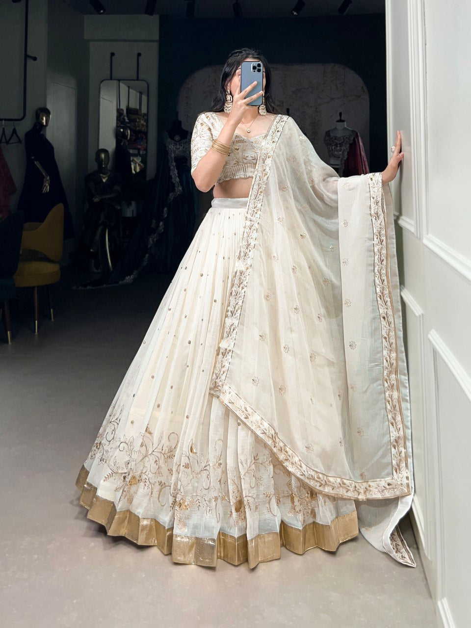 Dharvika Off-White Embroidered Lehenga Choli