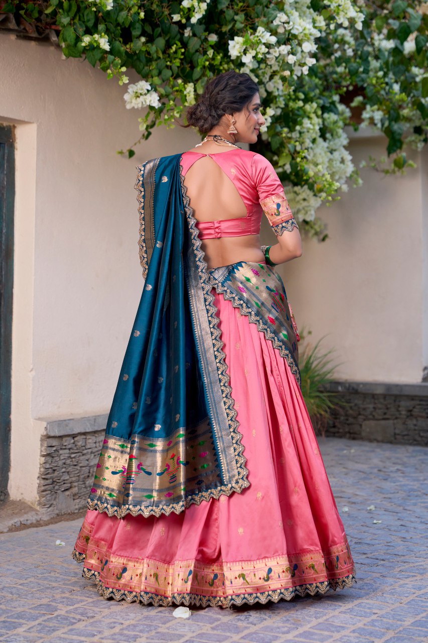 Onion pink jacquard silk Paithani lehenga choli with dupatta and batwa