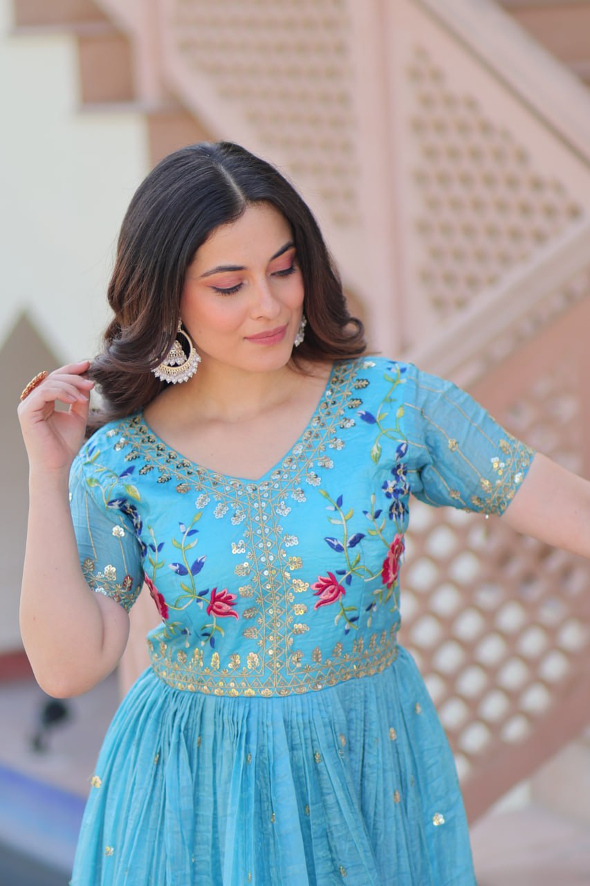 Sky blue gold crush zari sequins work embroidered gown