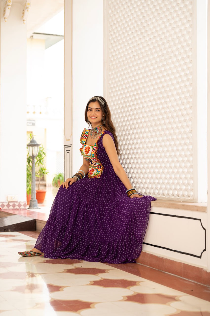 Purple faux georgette Bandhani print Kutchi patch mirror work gown