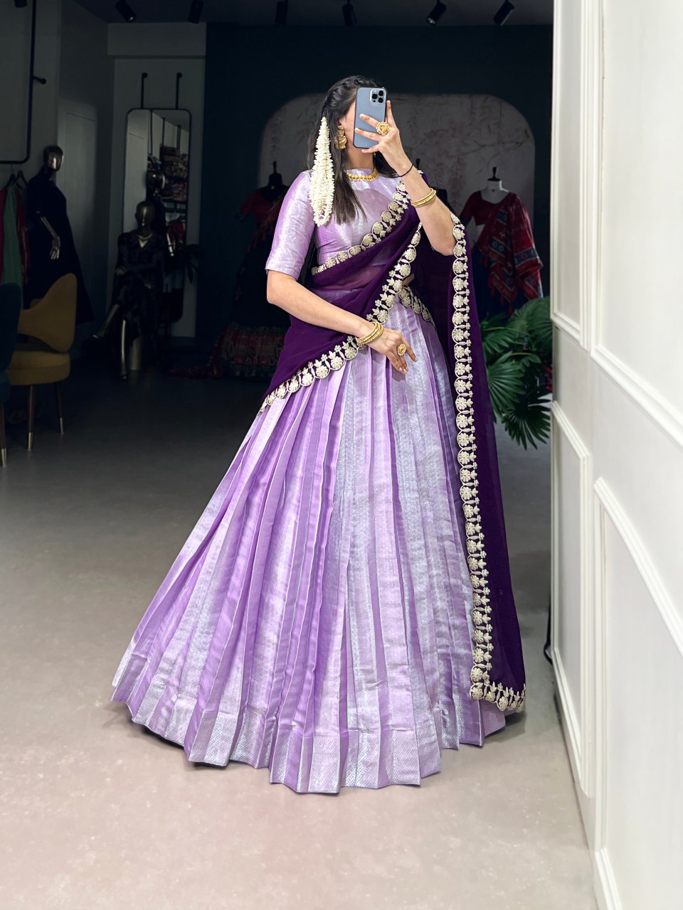 Lavender jacquard silk lehenga choli with embroidered dupatta