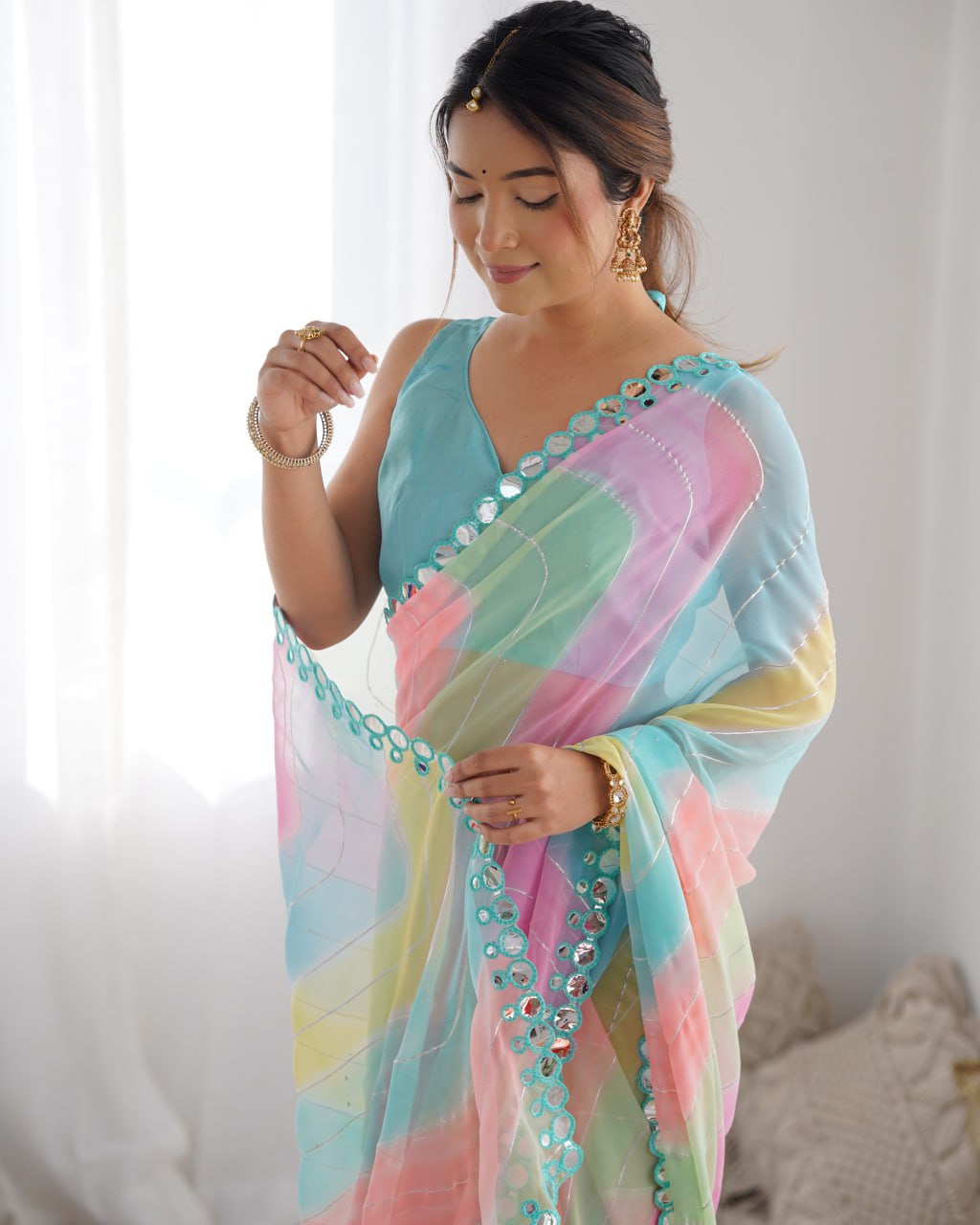 Multicolor georgette mirror work Isha designer saree