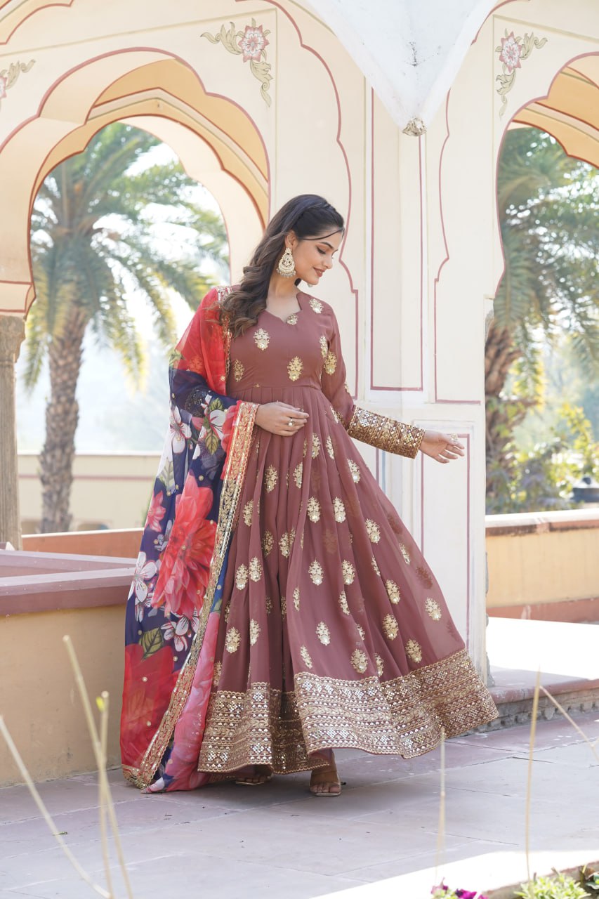 Padmini georgette brown embroidery anarkali gown set