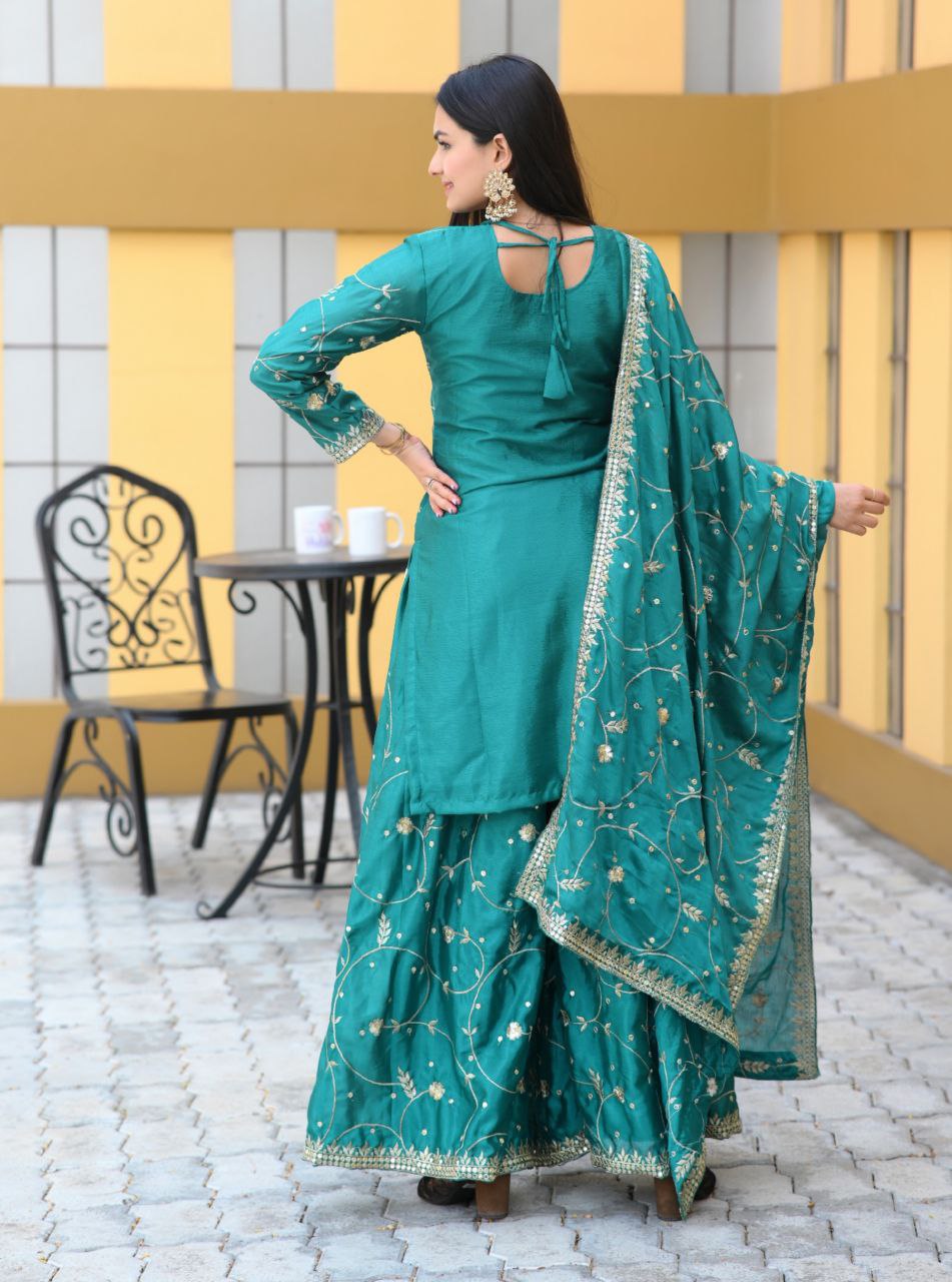 Teal chinon embroidered Keisha designer sharara suit