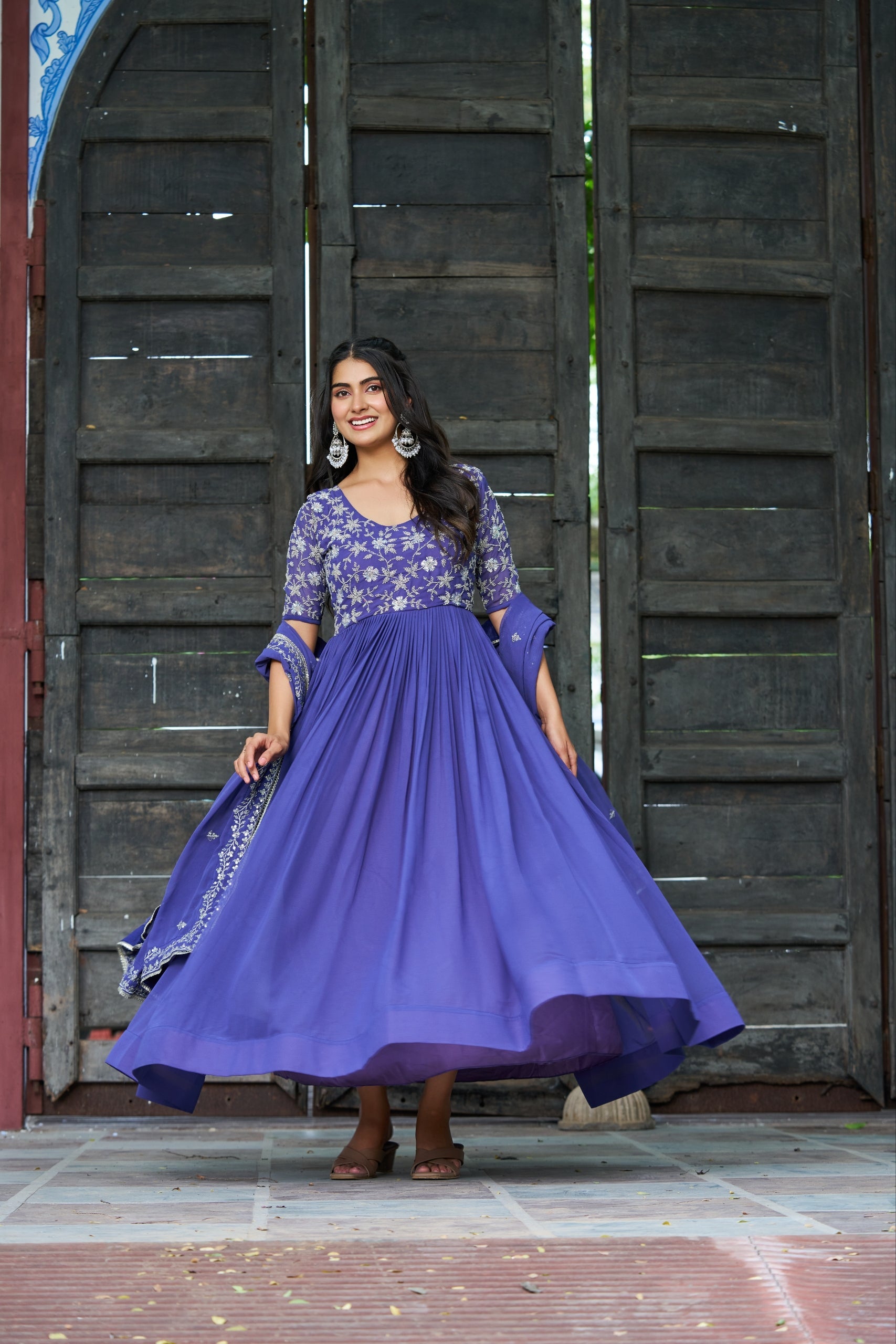 Rahi lavender faux blooming gown with sequins beads embroidery and dupatta