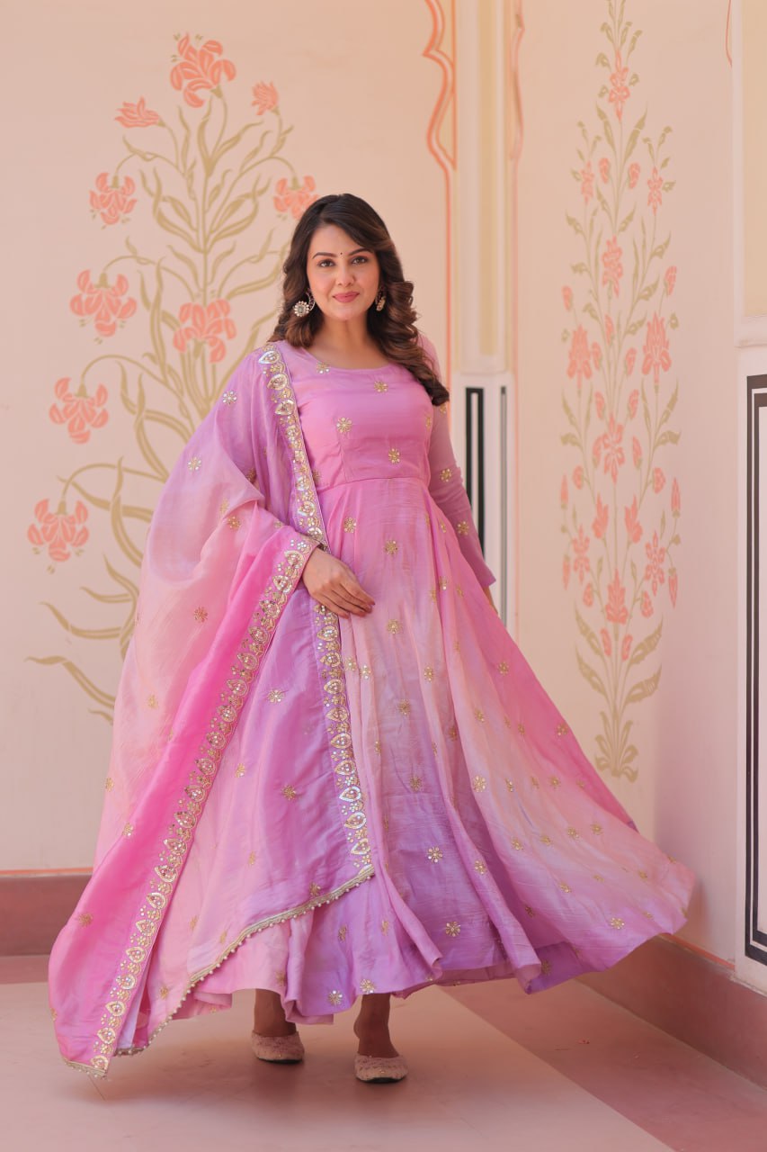 Pink organza flair gown with sequins zari embroidery and dupatta
