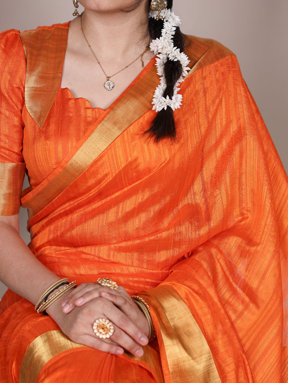 Orange raw silk zari weaving saree with unstitched blouse