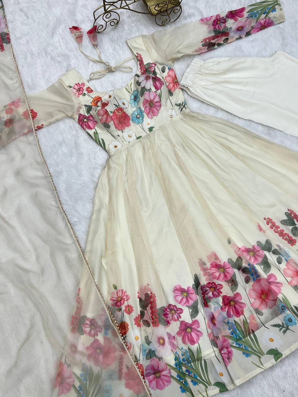 Darshika white organza floral printed Anarkali suit set