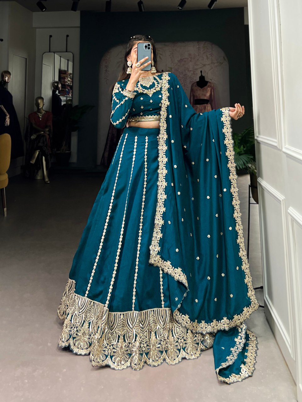 Sravya teal vichitra silk sequins embroidered lehenga set