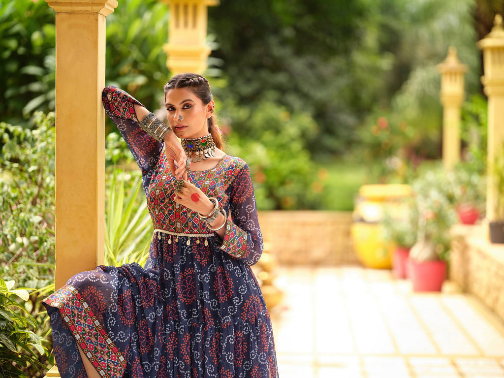 Navy blue faux georgette Gamthi jacquard weaving lace border ruffle flair gown
