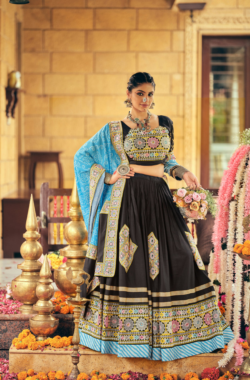 Black pure rayon embroidery mirror work lehenga choli