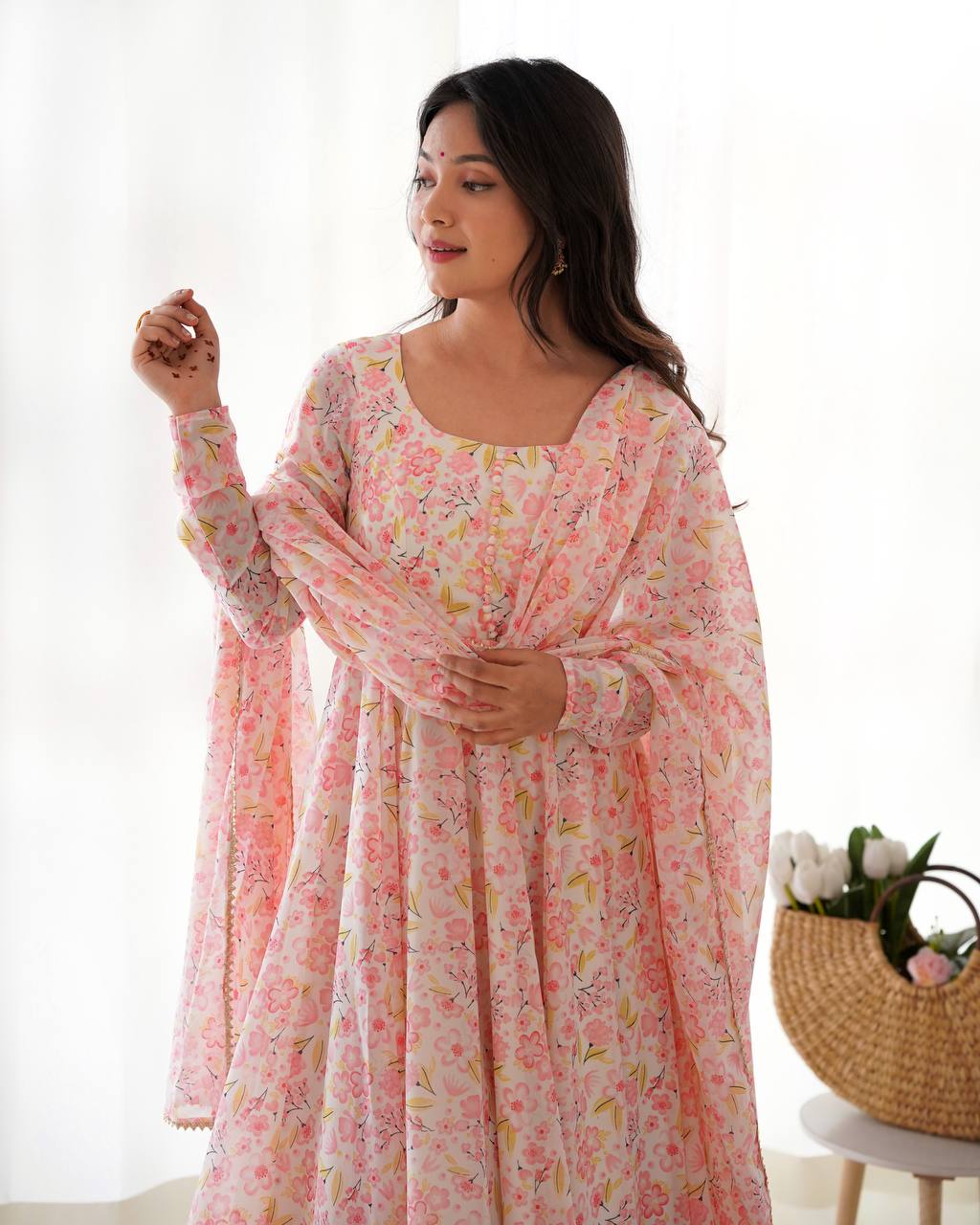 Pink orange chiffon floral Anarkali suit for wedding functions